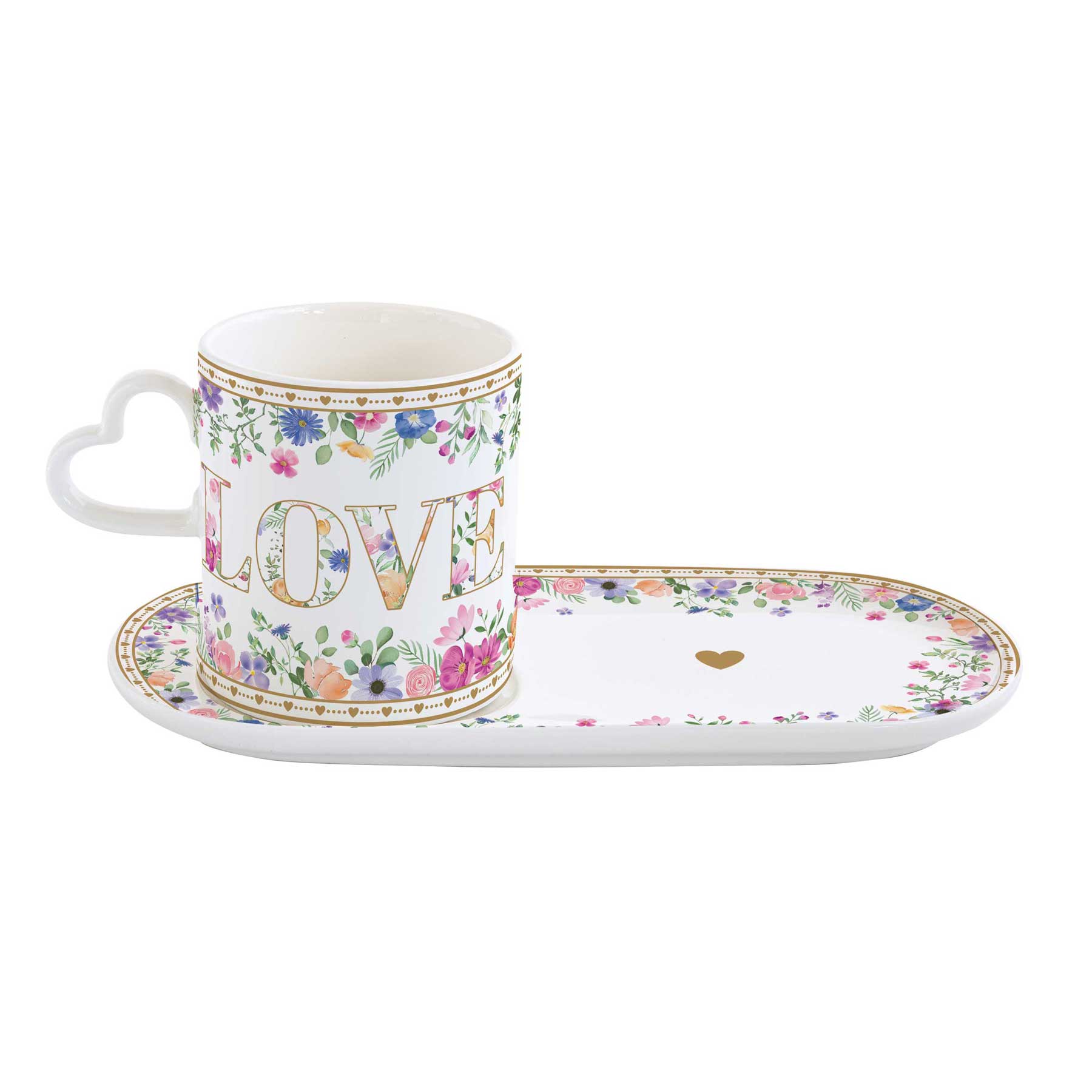Virág mintás porcelán tálcával díszdobozban Easy Life Mon Amour