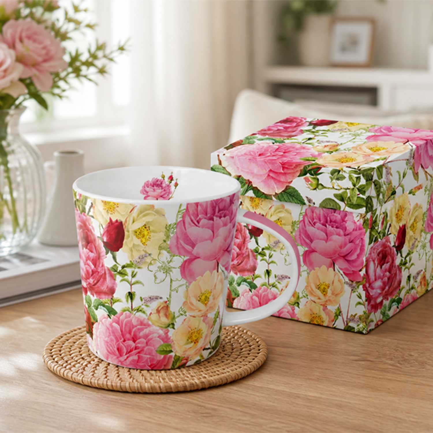 Porcelán bögre virág mintás ajándék dobozban 400 ml
