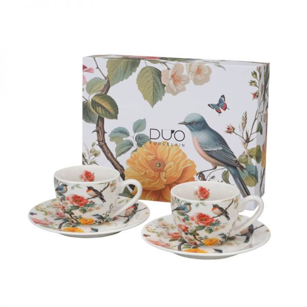 Virágos - madaras porcelán kávés csésze aljjal 110 ml - 2 személyes