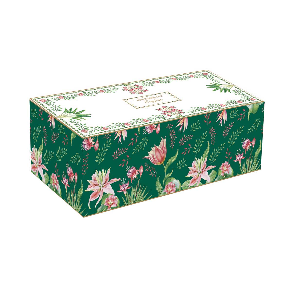 Tálka Virágos porcelán kínáló tálka szett bambusztálcán díszdobozban Botanic Chic