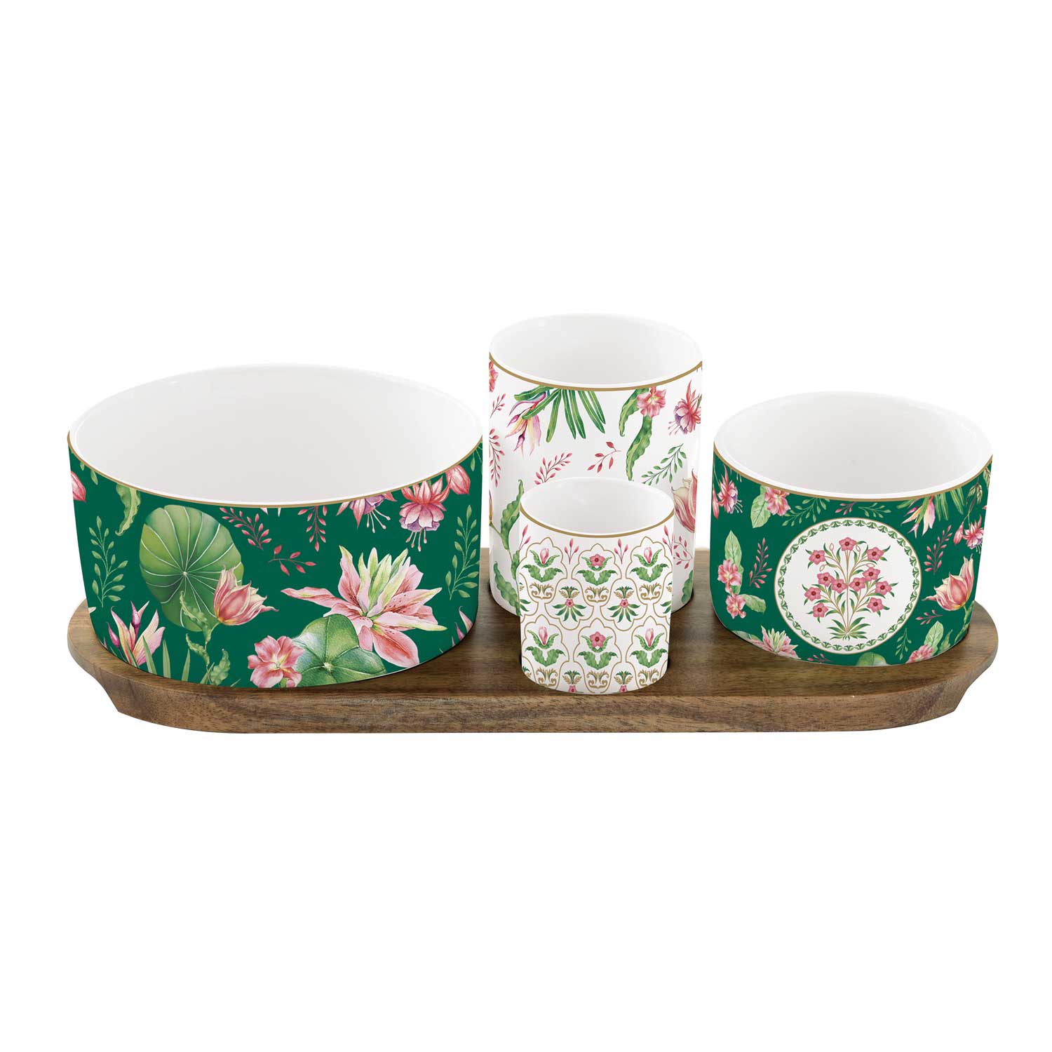 Tálka Virágos porcelán kínáló tálka szett bambusztálcán díszdobozban Botanic Chic