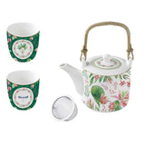 Teáskanna Virágos porcelán teáskanna 600 ml fémszűrővel pohárral díszdobozban Botanic Chic