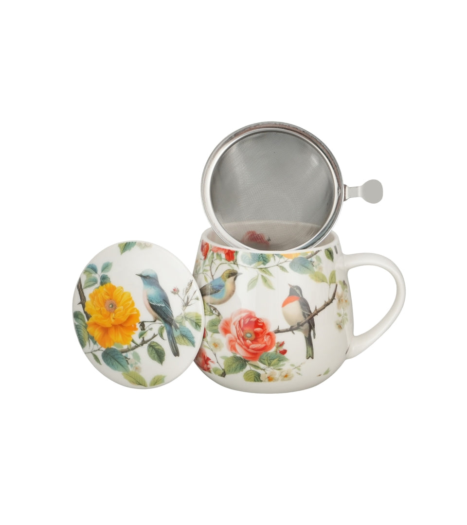 Porcelán madaras bögre fém szűrővel 430 ml ajándék díszdobozban April