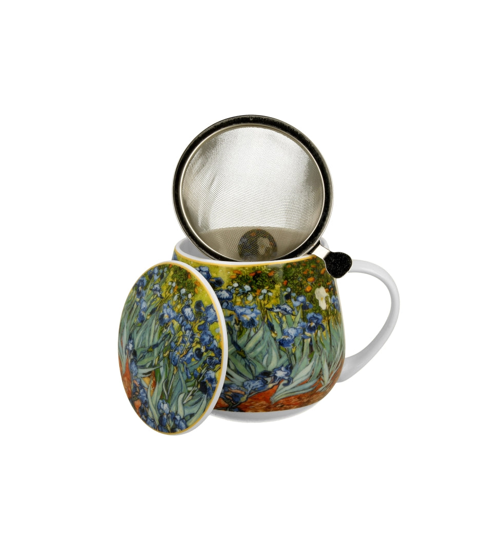 Monet porcelán öblös teás bögre fém szűrővel - 430 ml - Íriszek