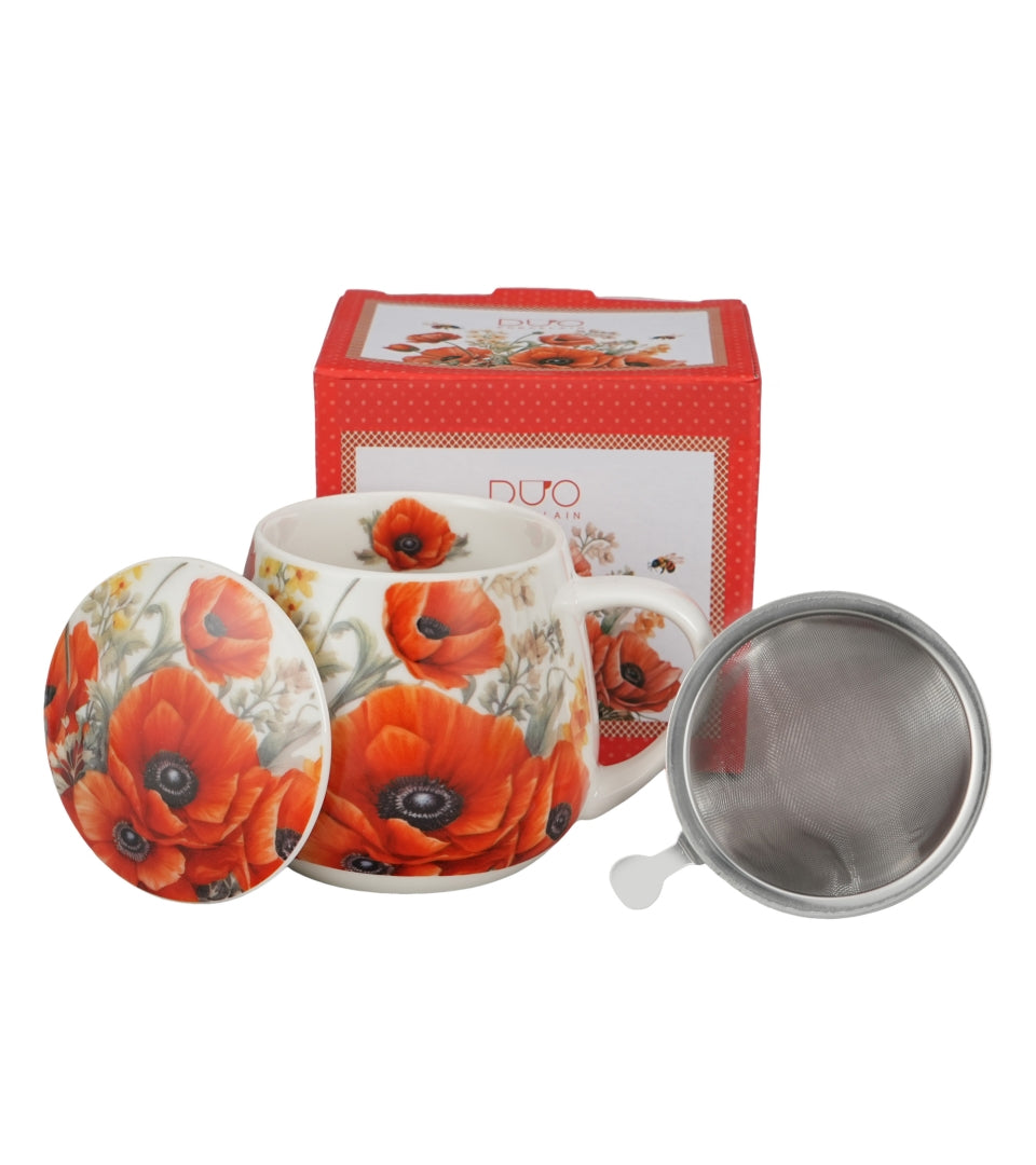 Porcelán pipacsos bögre fém szűrővel 430 ml ajándék díszdobozban Poppies
