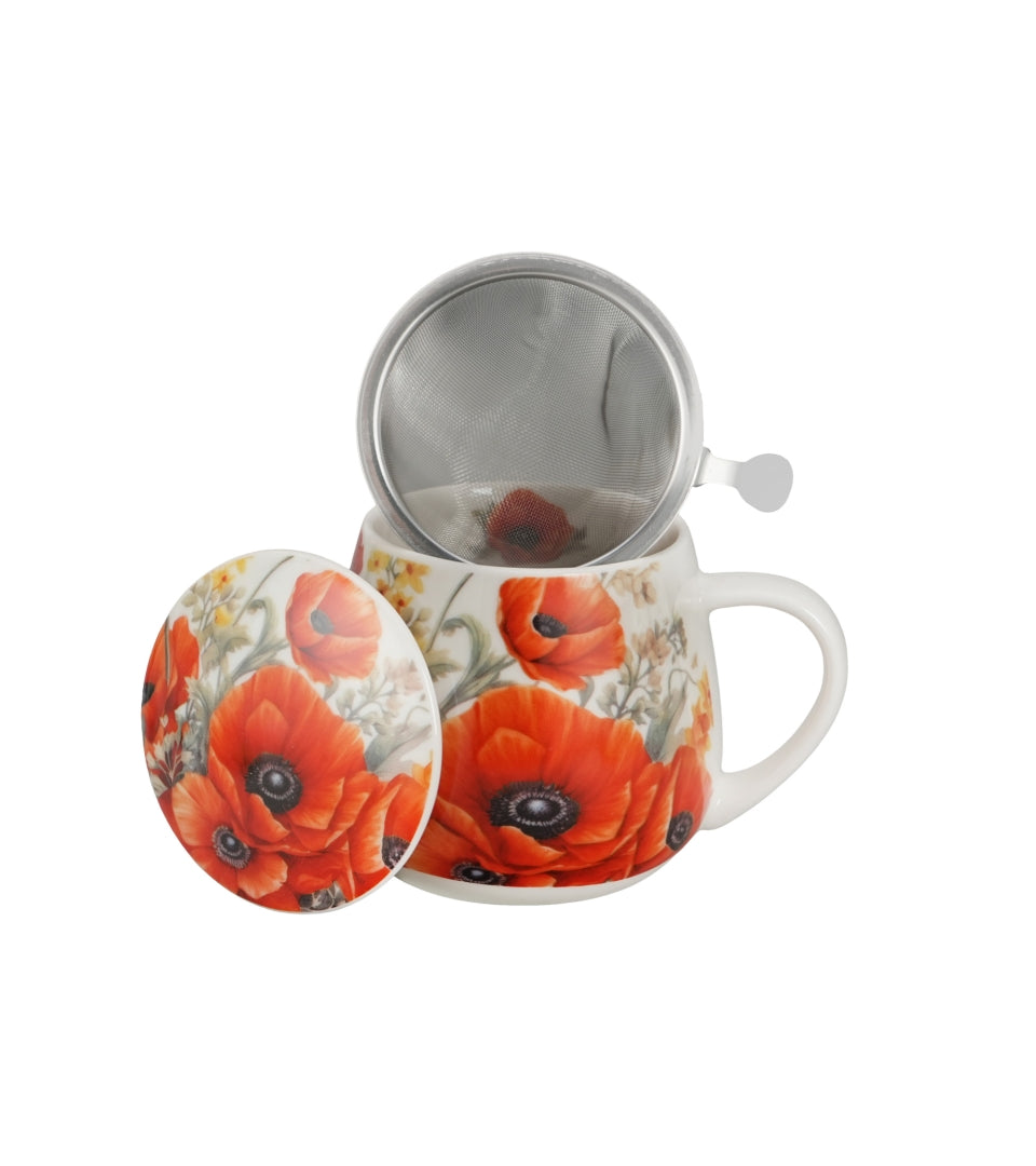 Porcelán pipacsos bögre fém szűrővel 430 ml ajándék díszdobozban Poppies