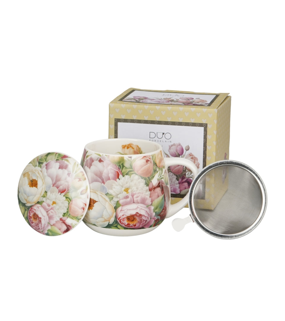 Porcelán virágos bögre fém szűrővel 430 ml ajándék díszdobozban Peonies