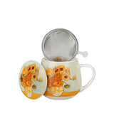 Porcelán teás bögre tetővel fém szűrővel 430 ml dobozban Van Gogh Napraforgók