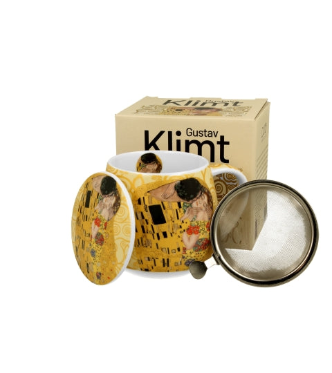 Porcelán teás bögre tetővel fém szűrővel 430 ml díszdobozban Gustav Klimt A Csók ekrü