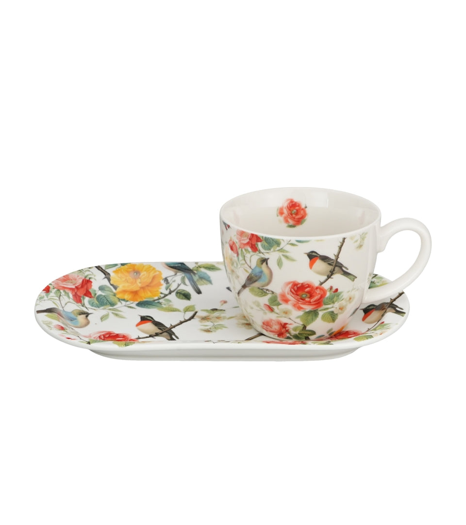 Porcelán madaras nagy reggeliző csésze aljjal 450 ml April
