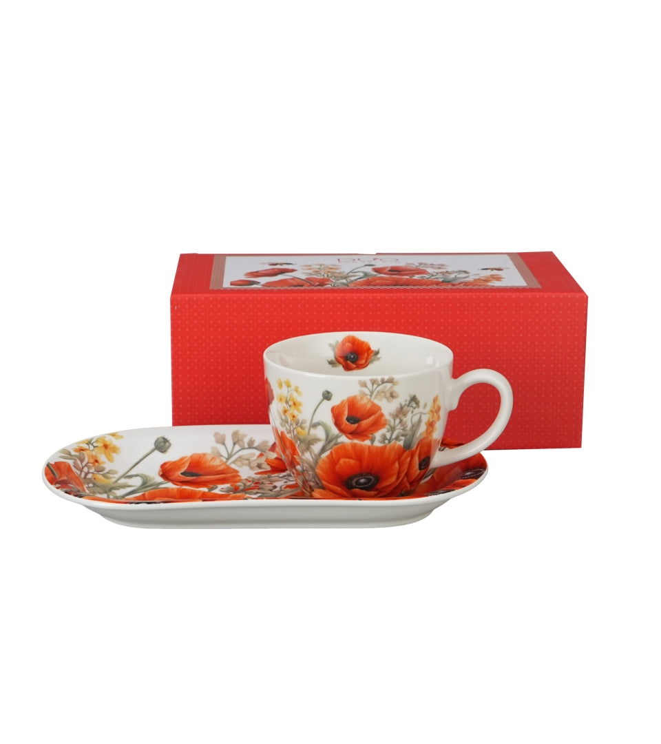 Porcelán pipacsos nagy reggeliző csésze aljjal 450 ml Poppies