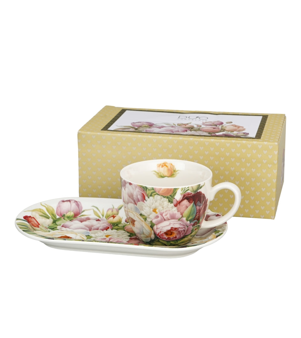 Porcelán reggeliző csésze hosszúkás aljjal 450 ml díszdobozban Peonies