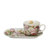 Porcelán reggeliző csésze hosszúkás aljjal 450 ml díszdobozban Peonies