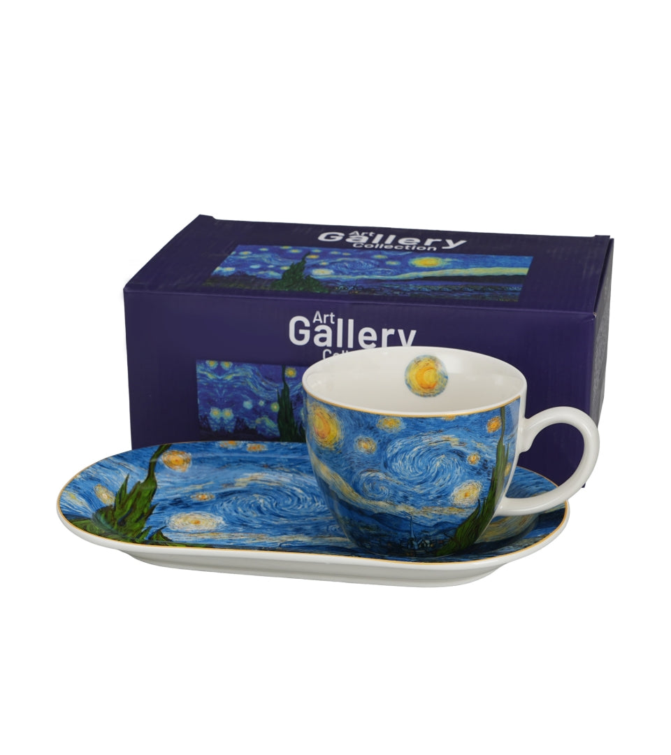 Porcelán reggeliző csésze aljal 450ml ajándék díszdobozban Van Gogh Csillagos éj