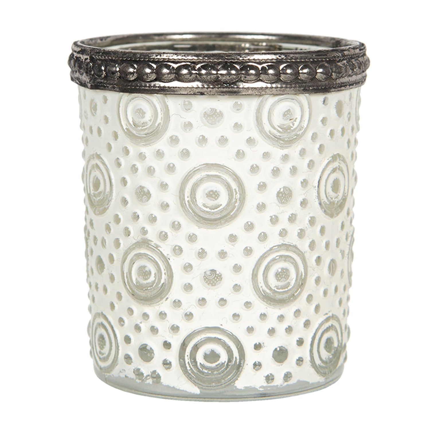 mécsestartó Antikolt fehér üveg mécsestartó körkörös mintával, ezüst színű bogyós peremmel, 5x6cm