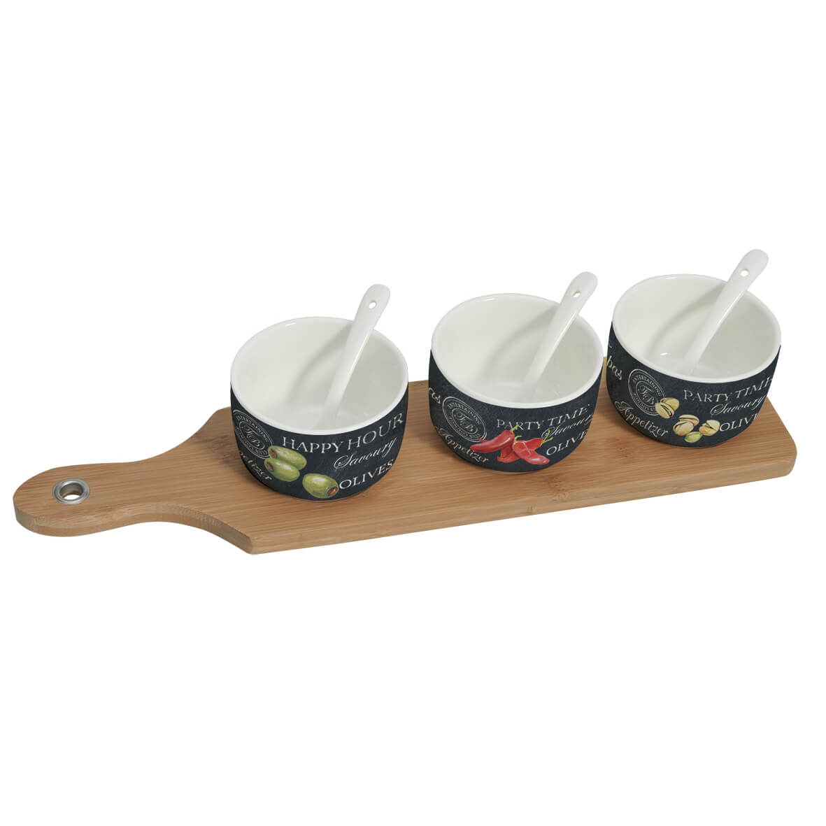 Tálca Bambusz asztali kínáló tál 3 db porcelán tálkával