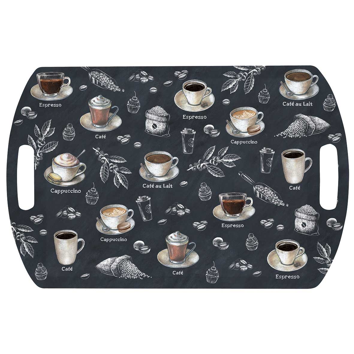 Tálca Barista kávé mintás nagy műanyag kínáló tálca 52x35 cm