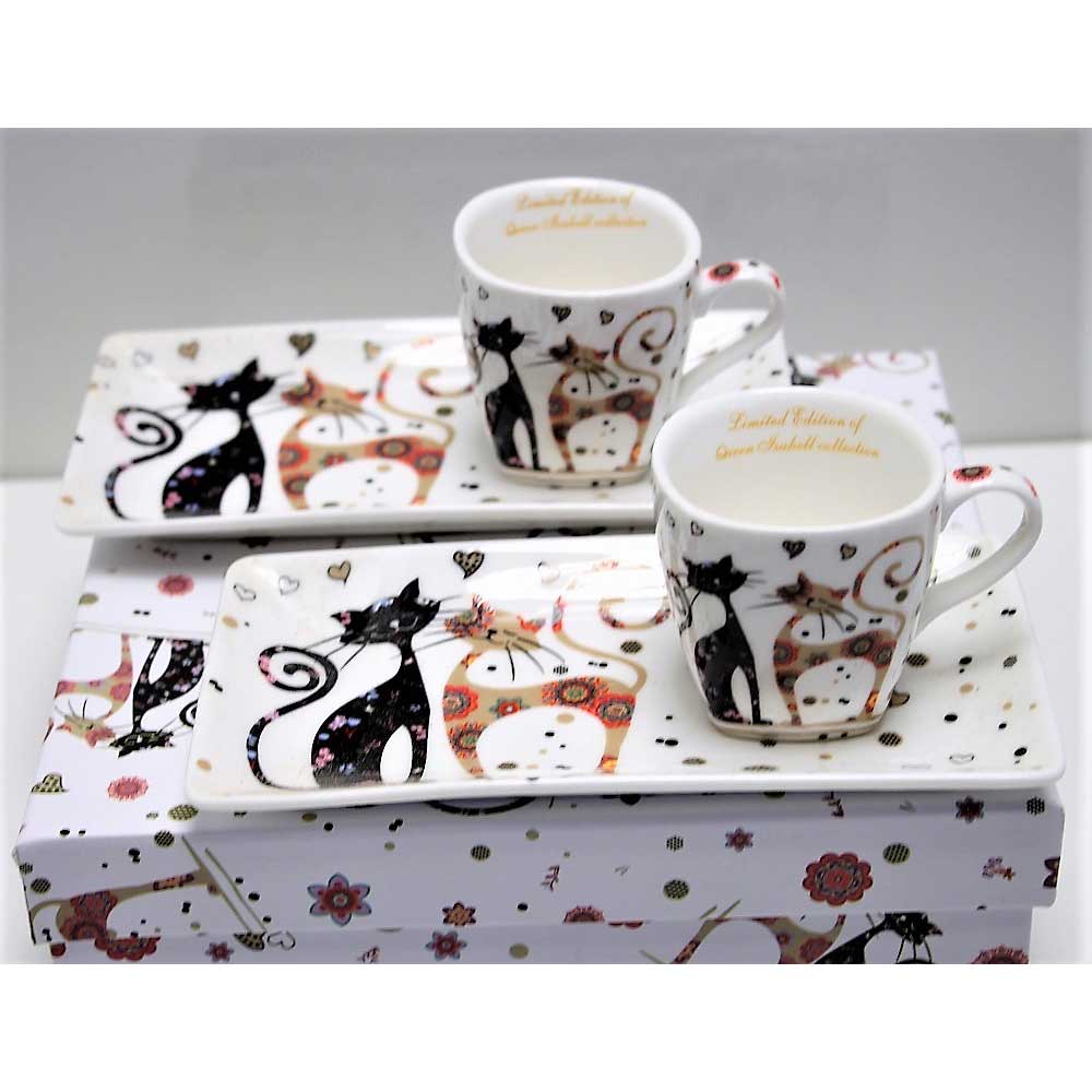 Bögre, csésze Cicás porcelán eszpresszó kávés csésze tálcával díszdobozban szíves mintával