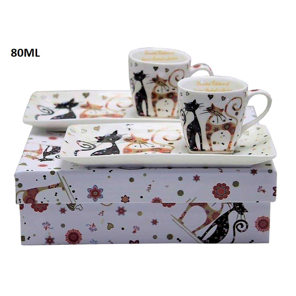 Bögre, csésze Cicás porcelán eszpresszó kávés csésze tálcával díszdobozban szíves mintával