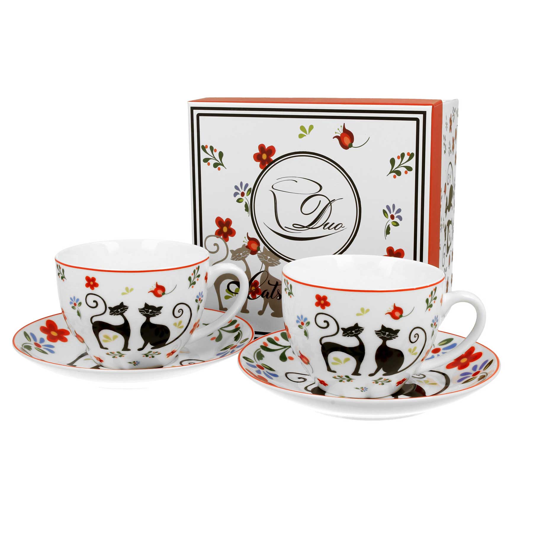 Bögre, csésze Cicás porcelán teás csésze aljjal két személyes 280 ml