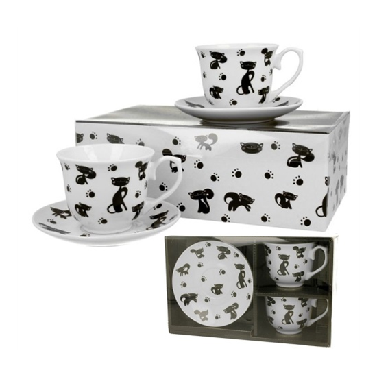 Bögre, csésze Fekete cicás porcelán teás csésze aljjal két személyes 250 ml