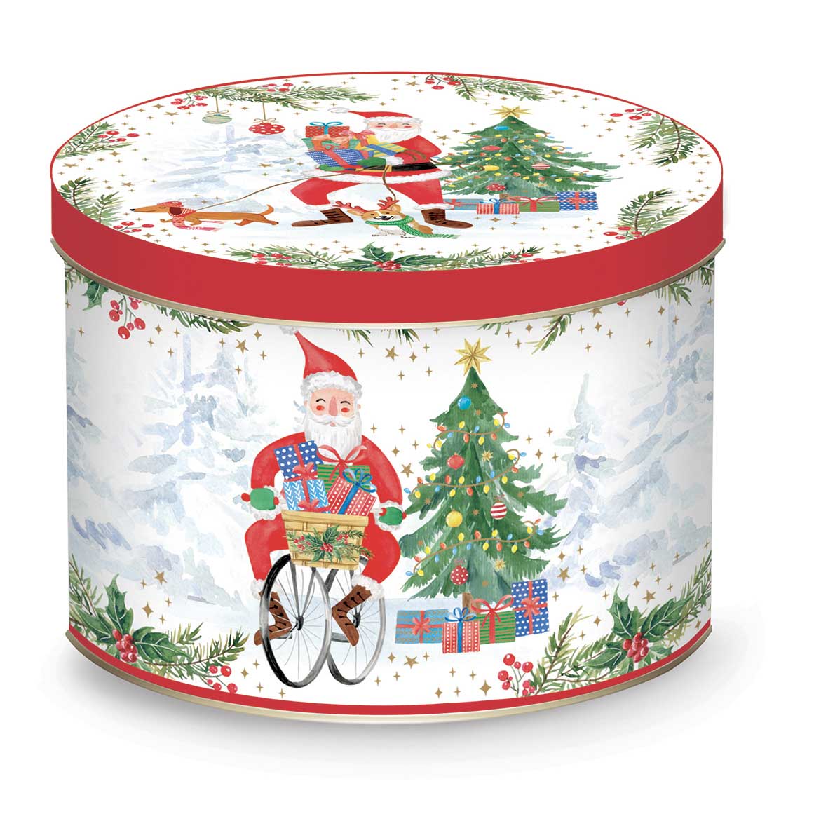 Tányér, étkészlet Joyful Santa karácsonyi porcelán bögre fémdobozban