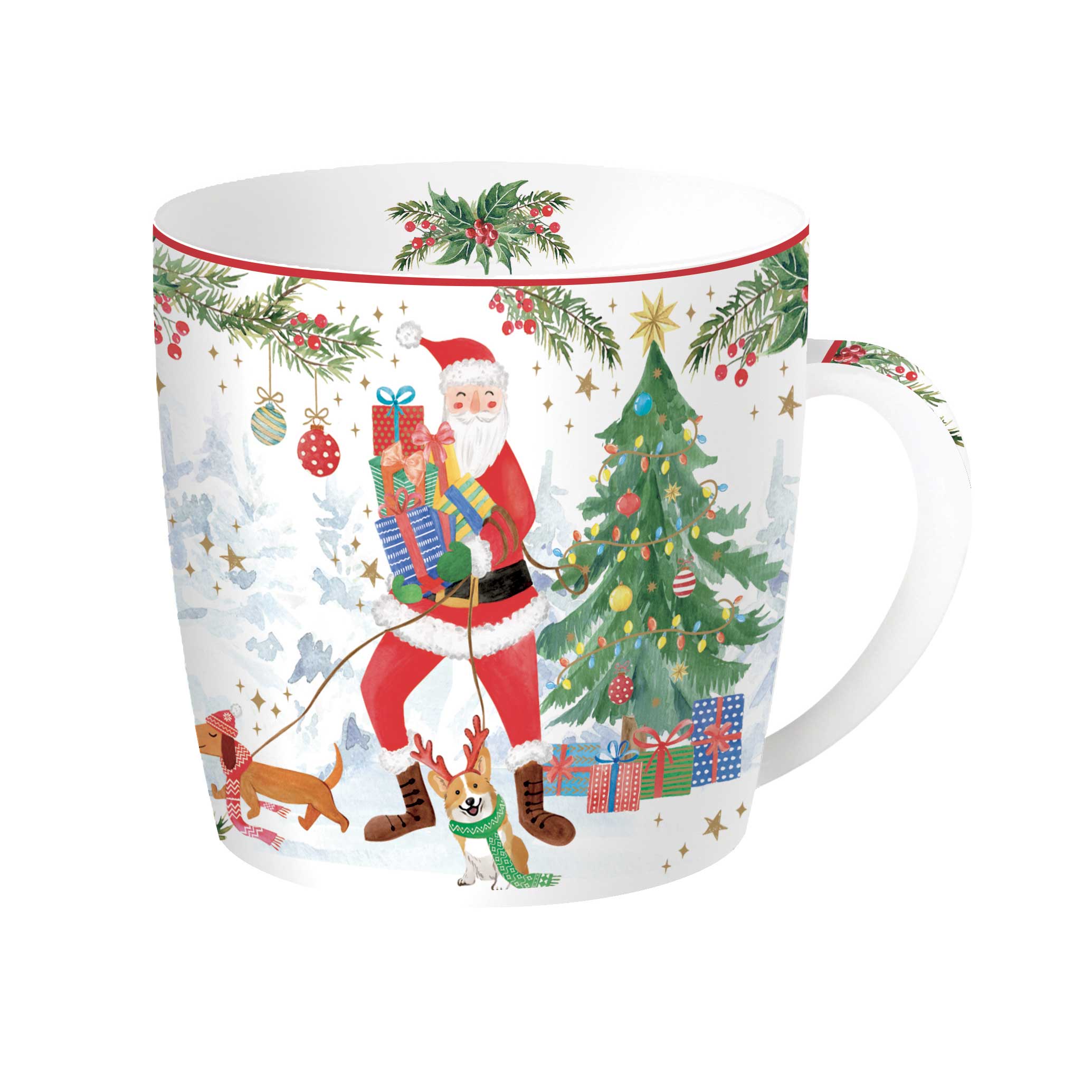 Tányér, étkészlet Joyful Santa karácsonyi porcelán bögre fémdobozban