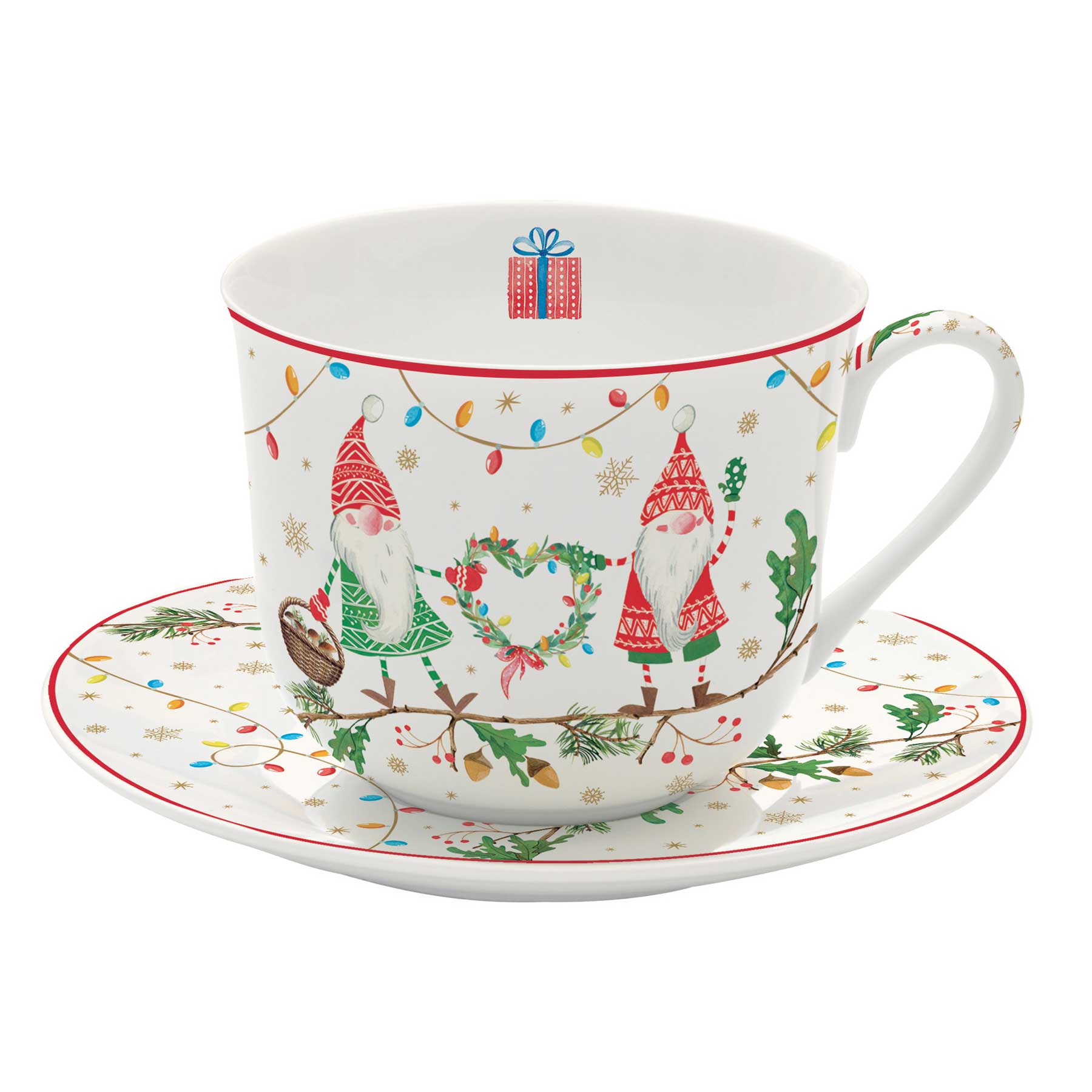 Bögre, csésze Karácsonyi manó porcelán reggeliző csésze aljjal Ready for Christmas