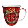 Bögre, csésze Karácsonyi piros kockás, koszorús porcelánbögre Christmas Plaid 400ml