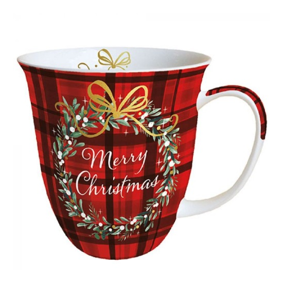 Bögre, csésze Karácsonyi piros kockás, koszorús porcelánbögre Christmas Plaid 400ml