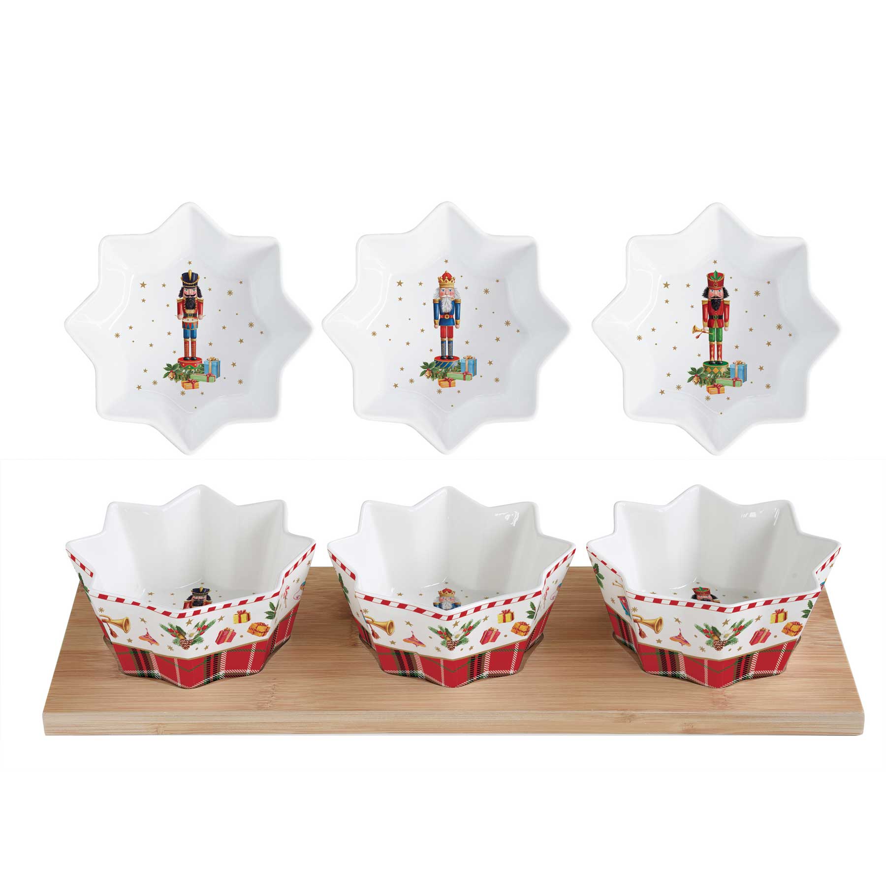 Tálka Karácsonyi porcelán 3 db-os diótörő tálka szett bambusztálcán Vintage Nutcracker