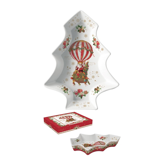 Tál Karácsonyi porcelán fenyőfa alakú kínáló tál hőlégballon díszdobozban - Christmas Memories