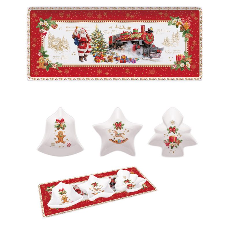 Tálca Karácsonyi porcelán kínáló tálca 3 db porcelán tálkával, 36x16 cm, díszdobozban - Christmas Memories