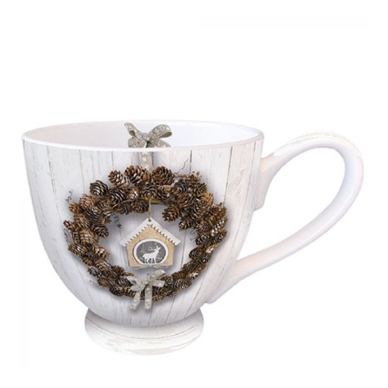 Bögre, csésze Karácsonyi porcelánbögre talpas Pine Cone Wreath 450ml