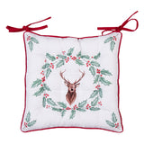 Díszpárna Karácsonyi szarvasos, magyal mintás pamut székpárna, kötős, 40x40cm, Holly Christmas