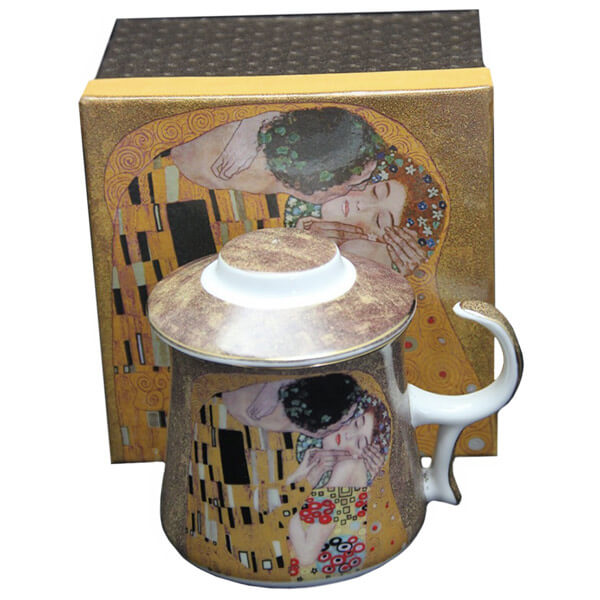 Bögre, csésze Klimt porcelán bögre tetővel és fémszűrővel 300 ml A Csók