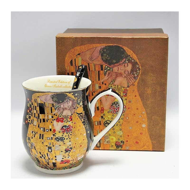 Pohár Klimt porcelán öblös bögre kanállal 350 ml A Csók Fekete kör