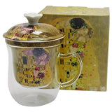 Bögre, csésze Klimt üvegbögre porcelán szűrővel tetővel 400 ml A Csók