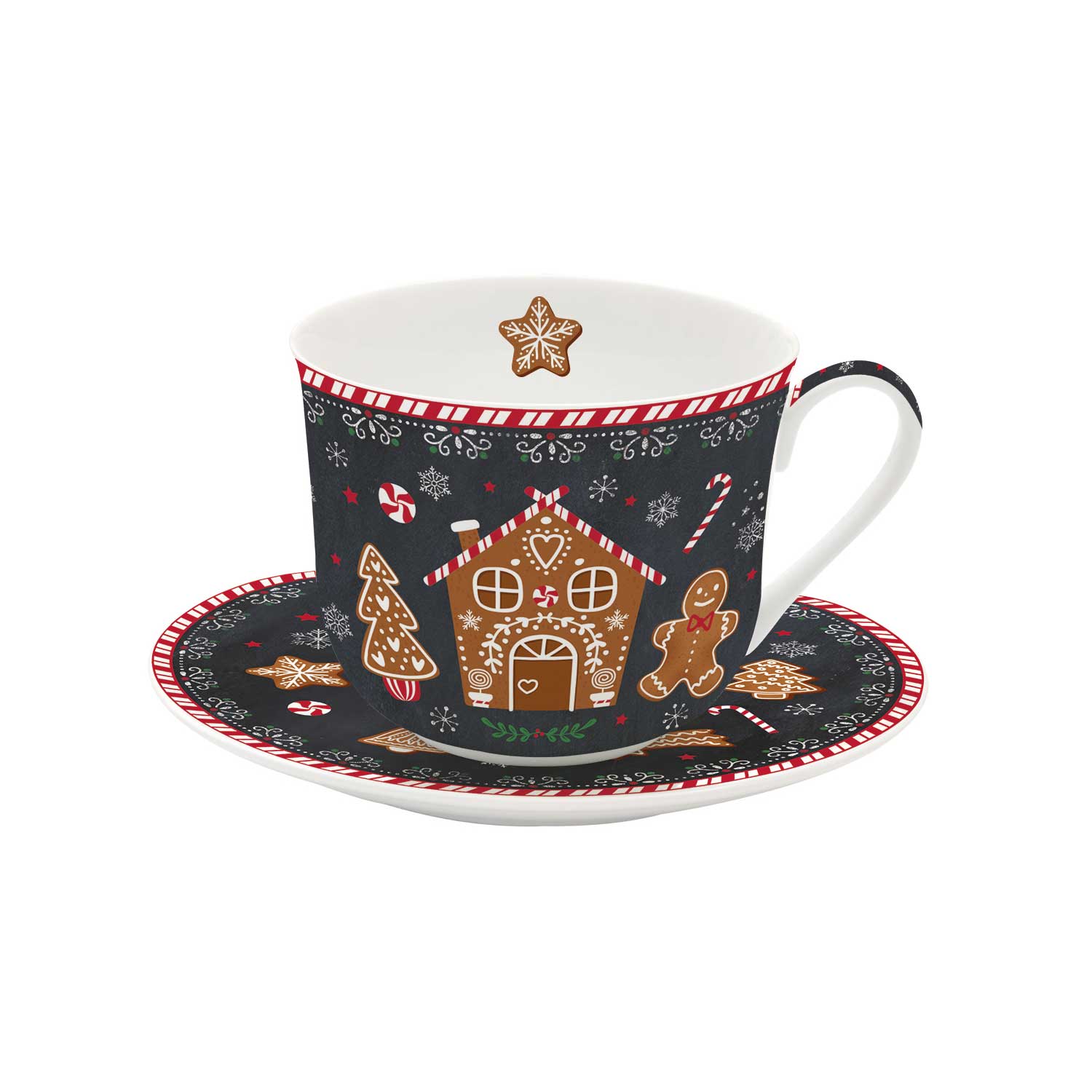 Bögre, csésze Mézeskalács karácsonyi porcelán reggeliző csésze+alj szett díszdobozban, 400 ml - Gingerbread