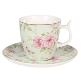 Bögre, csésze Pillangós-virágos porcelán csésze+alj szett aranyszegéllyel, zöld, 160ml