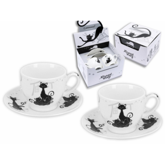 Bögre, csésze Porcelán csésze 2 személyes fekete macskás