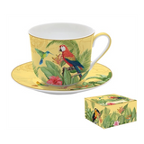 Bögre, csésze Porcelán pálmafás tukános nagy teás csésze aljjal Exotic Paradise