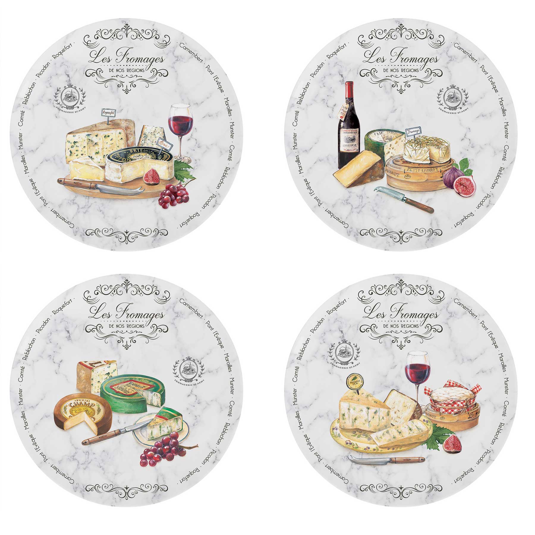 Tányér, étkészlet Porcelán vintage sajt mintás desszertes tányér szett 4db-os Les Fromages