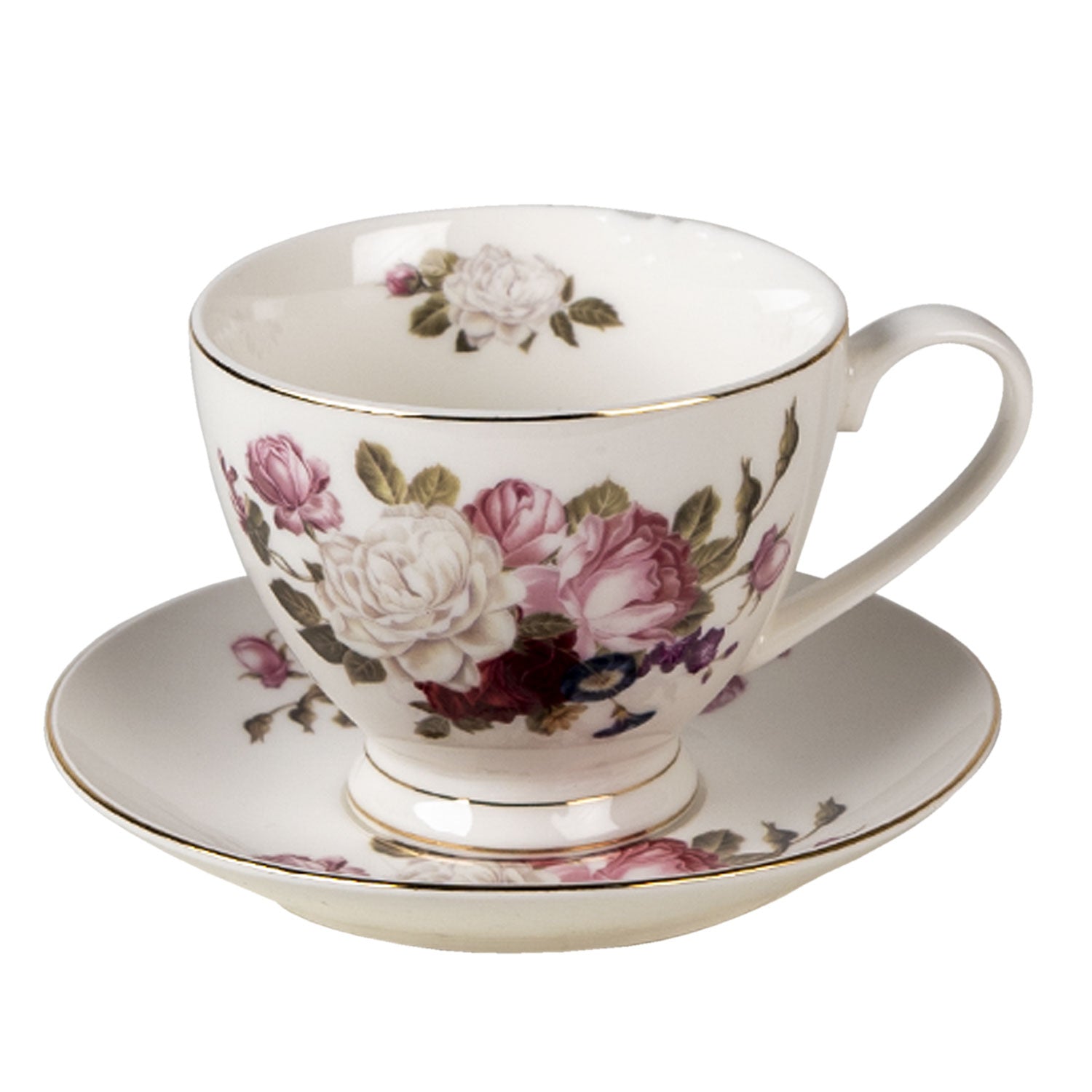 Bögre, csésze Rózsa virágos porcelán teáscsésze aljjal arany peremmel 200 ml