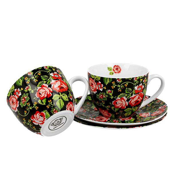 Bögre, csésze Rózsás 2 személyes porcelán teás csésze aljjal díszdobozban