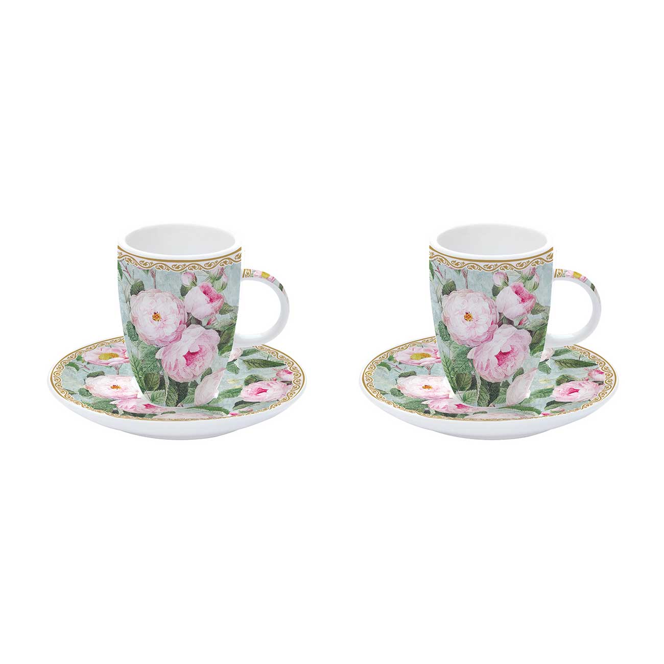 Bögre, csésze Rózsás porcelán eszpresszó kávés csésze aljjal 2 személyes díszdobozban