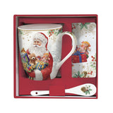 Bögre Santa is coming karácsonyi porcelán bögre kanállal parafa poháralátéttel