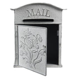 Postaláda Vintage fém szürkés fehér postaláda virágokkal, pillangóval MAIL
