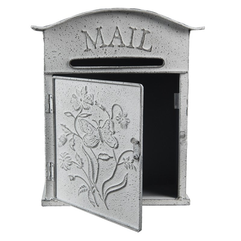 Postaláda Vintage fém szürkés fehér postaláda virágokkal, pillangóval MAIL
