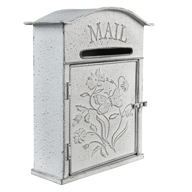Postaláda Vintage fém szürkés fehér postaláda virágokkal, pillangóval MAIL